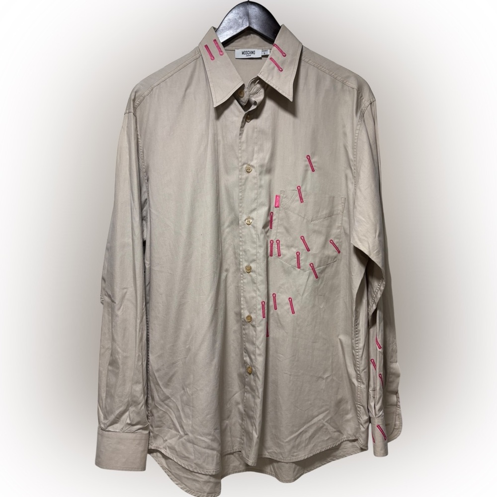 Archives Moschino Jeans Shirt Italy Beige Pin Embroidery AOP 90s size L Rare